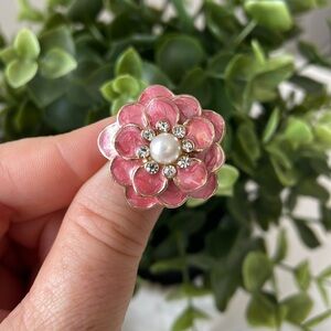 Gold Tone Pink Enamelled Flower Pearl Centre Surrounded by Crystals